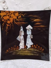 Vintage Japanese Lacquered Mother Of Pearl Inlay Plate Bowl