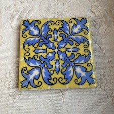 Rare Vintage DAL-TILE Mexican 4.5 inches Tile Hand Painted Mustard/Blue 