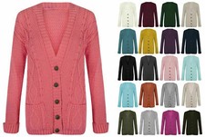 New Ladies Chunky Cable Knit Grandad Cardigan Button Long Sleeves