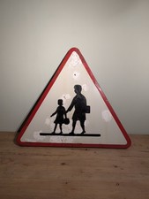 Old French enamel street sign road warning school crossing children pupils 1954
