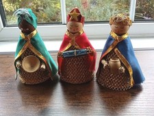 Vintage Three Kings Christmas Nativity Corn & Wood Dolls 10 Cm