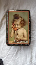 Vintage 1950s French Biscuit Tin - Child On Phone Sweet Retro Christmas Kitch