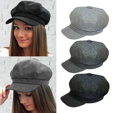 UK Ladies Womens Girls Black 8 Panel Wool Blend Baker Boy News Boy Flat Cap Hat