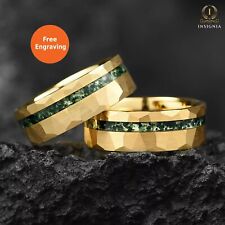 Gold Wedding /Engagement Ring for Men – Moss Agate & Opal Tungsten Promise Band