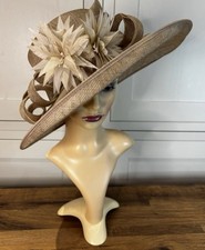 House of Fraser Gold & Taupe Oval Sinamay Feather & Beads Teardrop Wide Brim Hat