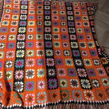 Vintage 1970s-80s Granny Auntie Afghan Rainbow Blanket Handmade Unicorn 69x69inc