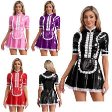 UK Women's PVC Leather French Maid Costume Lace Trim Short Sleeves Mini Dress