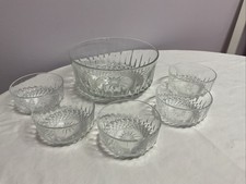 Arcoroc France Vintage Sunburst Clear Glass Trifle Fruit Serving Bowl & 5 Dishes