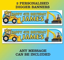 2  Digger Banners JCB-TRACTOR-DUMPER-LORRY personalised Birthday party decor