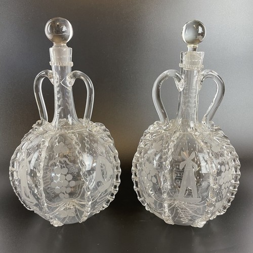 Pair antique etched glass - of,