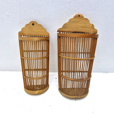 Pair Vintage Bamboo Wall Pockets Hanging Slatted Rattan Storage Baskets 22cm