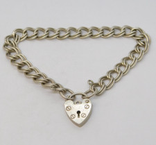 Sterling Silver Double Curb Link Heart Lock Charm Bracelet Vintage c1970