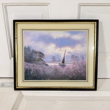 Framed F. Dane Art Print River Scene Sailboat Windmill Landscape Wall Decor