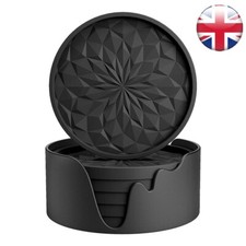 6 Pack Coasters with Holder Cup Mat for Drinks Deep Tray Black Non-Slip