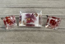 Vintage Lucite Reverse Carved orchid screwback earrings & Brooch Set 