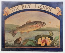 Naive Painting of The Fly Fisher with a Decorative Border. reproduction print