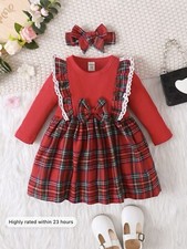Baby Tartan Ruffle Trim Bow Front Dress & Headband for Christmas