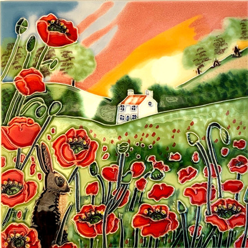 Poppies and brown hare ceramic - and,