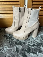 Ego Beige Nude Faux Leather Platform Rounded Block Heeled Ankle Boots UK 7 High