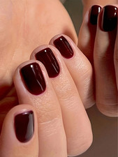 24Pcs Glossy Burgundy Press On Nails Set | Short Square Fake Nails with Adhesive