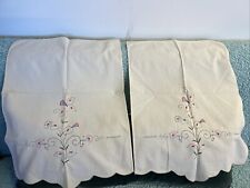 Vintage chair back covers Pair Embroidered flower basket Scalloped White Prop