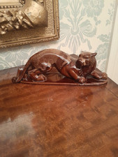 LARGE BROWN GLAZED CHINESE TIGER/LARGE CAT FIGURINE ON GLAZED BASE