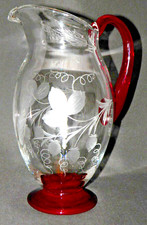 Glass Pitcher / Jug Etched - Ale - Red Handle & Base Hand Blown Beautiful