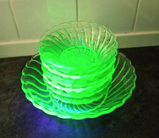 Bagley Carnival Uranium Green Fruit Bowl and Eight Dishes