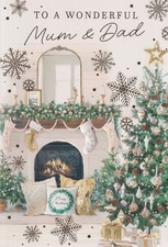 WONDERFUL MUM AND DAD CHRISTMAS GREETING CARD 7"X5" FIREPLACE TREE