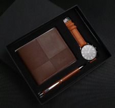 Men's Luxury Stylish Water Resistant Gift Set with Watch Wallet Pen Brown Tan UK
