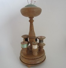 Vintage Rustic Wooden Cotton Reel Holder Pincushion Stand with Cotton Reels Pins