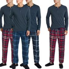Mens Pyjama Set Flannel Cotton Pyjamas Loungewear Henley Button T-Shirt PJ Set