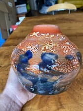 STUDIO ART 6" TALL VASE POTTERY HAND MADE PIECE ORANGE BLUE GLAZE 7" DIAMETER