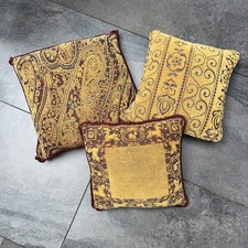 Mulberry Chenille, Paisley, Patterned Cushions X 3 Yellow And Burgundy