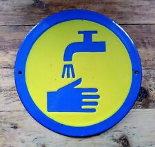 GENUINE VINTAGE MIDCENTURY EUROPEAN FACTORY WASH HANDS PORCELAIN ENAMEL SIGN! 