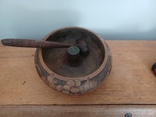 Vintage Hand Carved Turned Hardwood Wooden Nut Bowl & Nutcracker Mallet Hammer