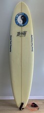 7’2” vintage hand-shaped mini mal surf board by Bunty, with leash and bag