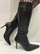 Vintage Duo Black Leather Knee High Y2K Pointed Toe Boots UK6 EU39 Narrow Calf