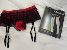 Sexy Frilly Suspender Panties With Black And Red Bow Stockings Burlesque 