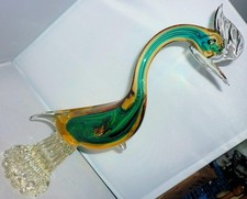 STUNNING LARGE VINTAGE RETRO MURANO GREEN AMBER GLASS BIRD 39 cm HIGH