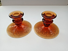 Fostoria Pair of Elegant Vintage Candlesticks in Amber with Etched "Lace" Bases