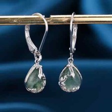 925 Sterling Silver Moss Agate Vine Teardrop Drop Earrings in Gift Box