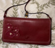 Jane Shilton vintage red leather handbag/ shoulderbag with appliqué flowers