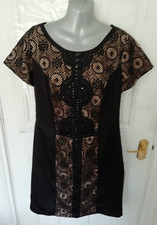 Pepperberry 14 Really Curvy Black Beige Occasion Silky Beaded Dress S/Zip Lined