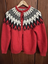 Vintage Red Christmas Nordic Fair Isle Icelandic Hand Knit Cardigan Size M