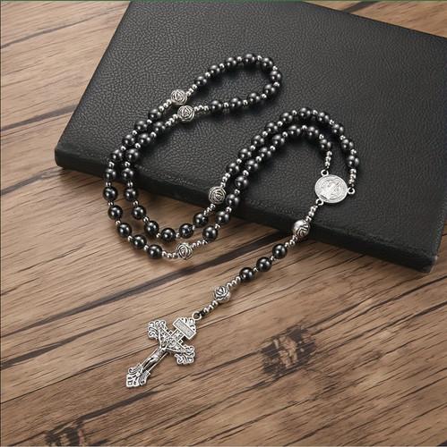 Black onyx bead hematite - onyx, cross