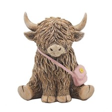Highland Cow Figurine Pink Hand Bag Ornament Decor Rustic Display Resin Gift