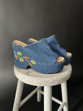 Rare Original Ladies Vintage 70's Denim Blue Cotton Embroidery Platform Shoes 5