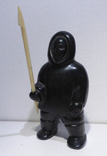 Inuit Eskimo Hunter with Spear Black Soapstone 5"
