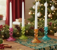 Glass Candlestick Holders Set Of 4 Coloured Jewel Church Candle Table Decoration